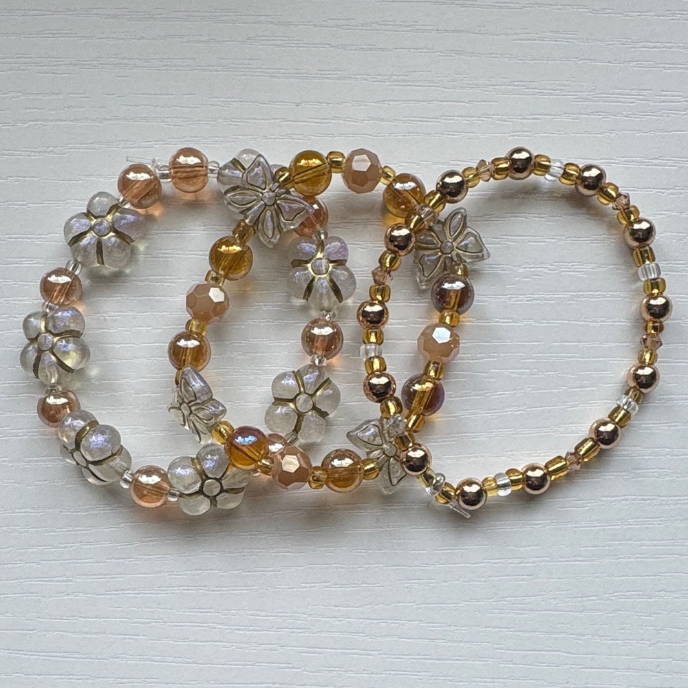 Hand Beaded Artisan Crystal Bracelet Stack Flowers and Butterflies